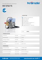 Kränzle HD 7/122 TS, 230V, 1.6 KW, max. 120bar, 7 l/min, 10m Schlauch, Stecksystem D12, Schmutzkiller, Flachstrahldüse