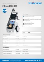 Kränzle Primus 1000 TST, 400V, 7.5 KW, max. 220bar, 16.6 l/min, mit Schlauchtrommel, 20m Schlauch, Stecksystem D12, Flachstrahldüse