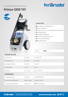 Kränzle Primus 1200 TST, 400V, 7.5 KW, max. 180bar, 20 l/min, mit Schlauchtrommel, 20m Schlauch, Stecksystem D12, Flachstrahldüse